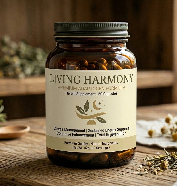 Living Harmony herbal tea blend packaging on a soft pastel background